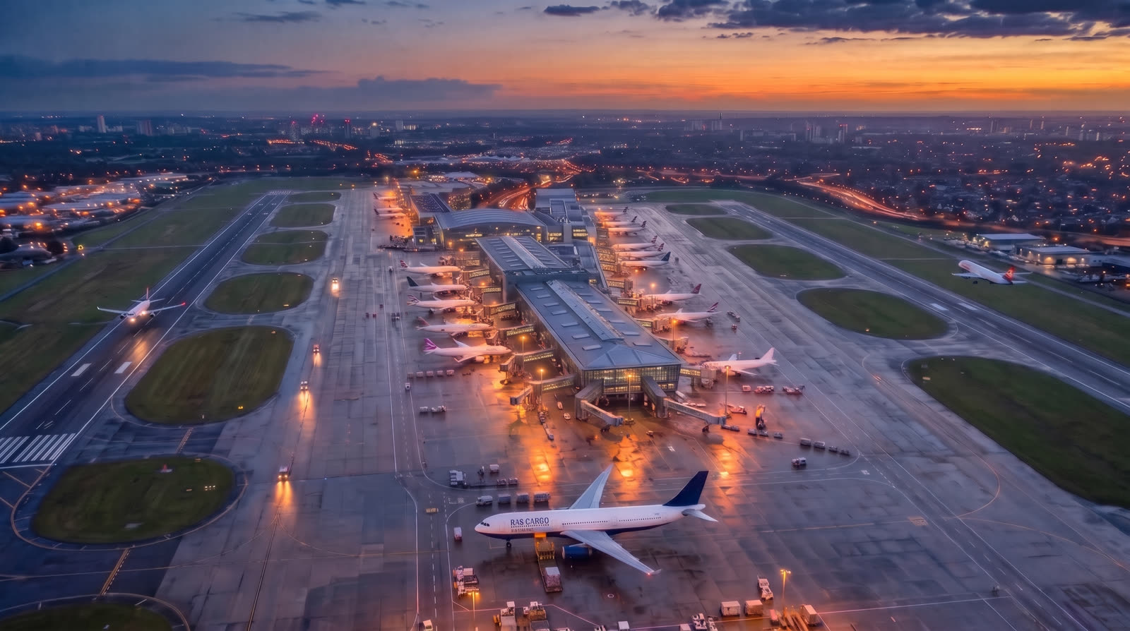 Heathrow from the air at dusk, with a RAS Cargo airliner on the apron