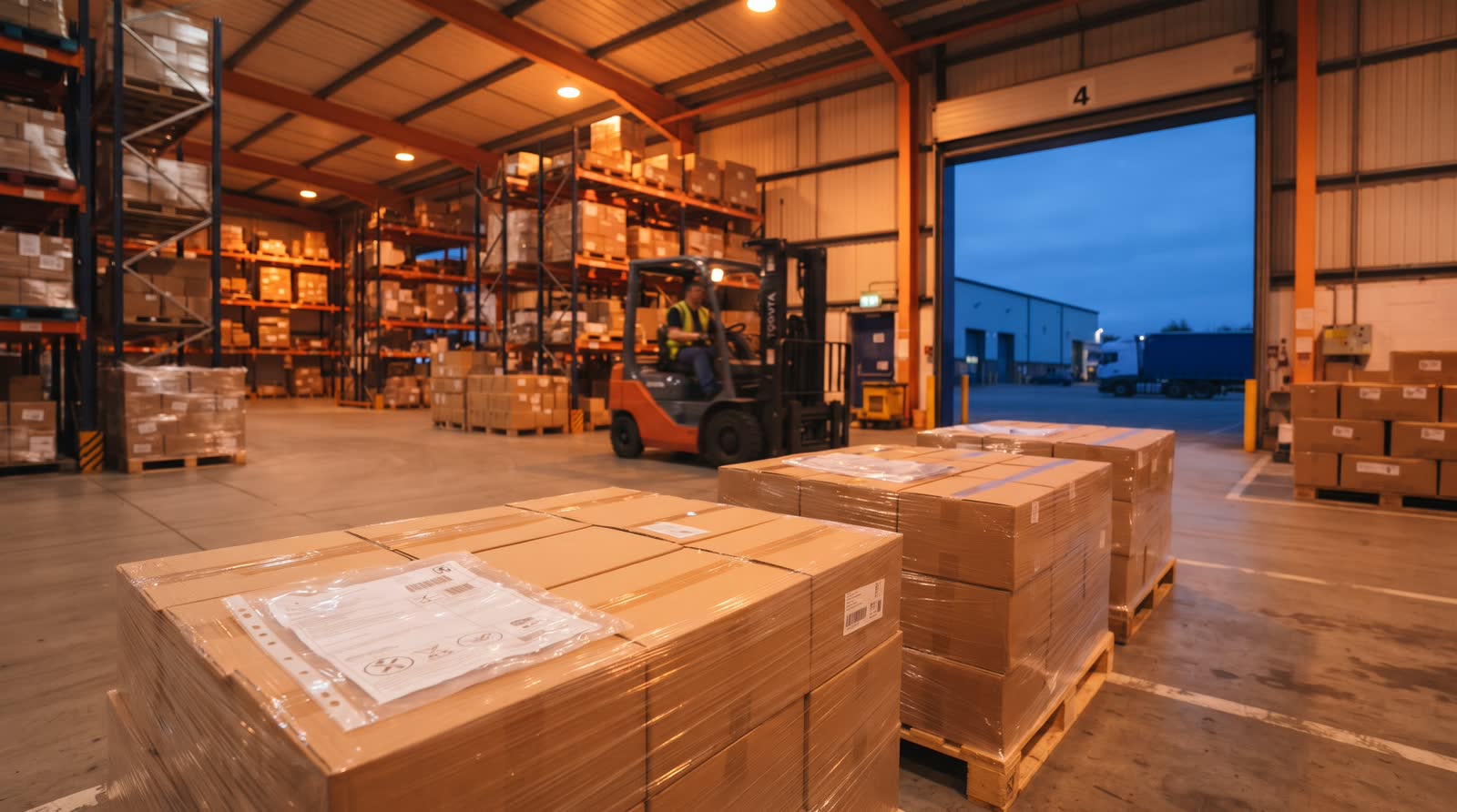 Pallets of boxes in clear film with customs paperwork on top, inside a UK freight warehouse at dusk