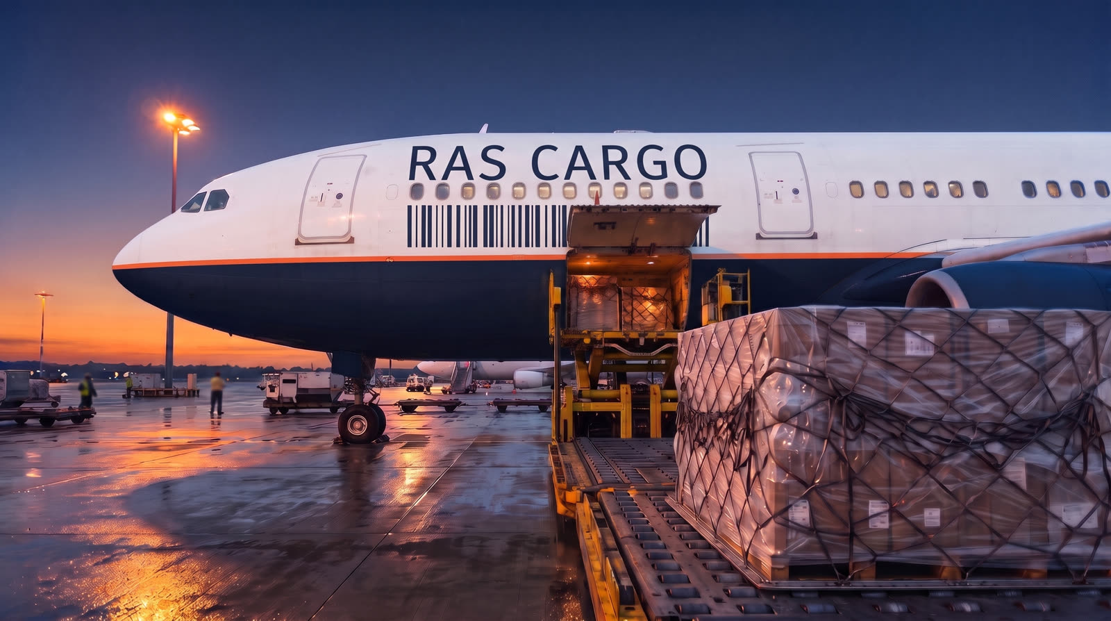 A pallet on a loader beside the open cargo hold of a RAS Cargo airliner