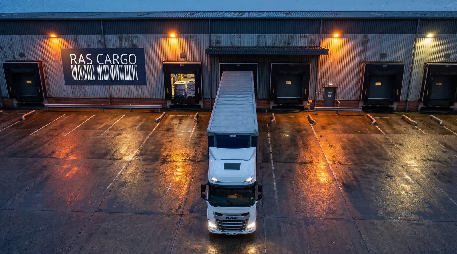 A lorry with a navy trailer reversed straight into a loading bay at a UK warehouse at dusk, with a RAS CARGO sign on the wall