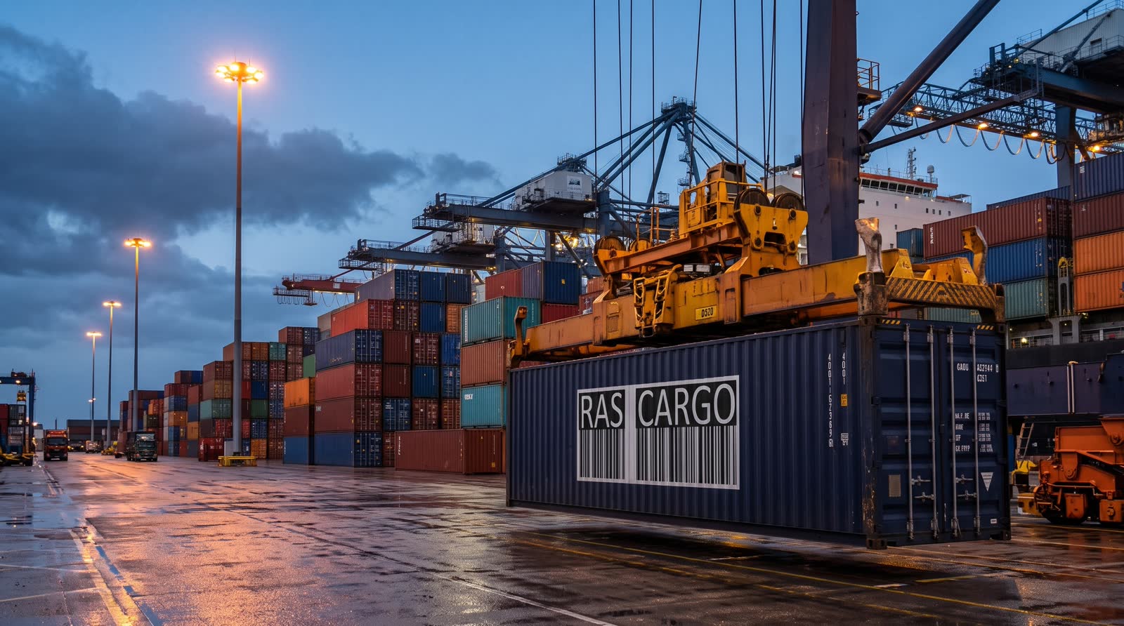 A navy blue container with the RAS CARGO logo lifted by a gantry crane at a UK container terminal at dusk